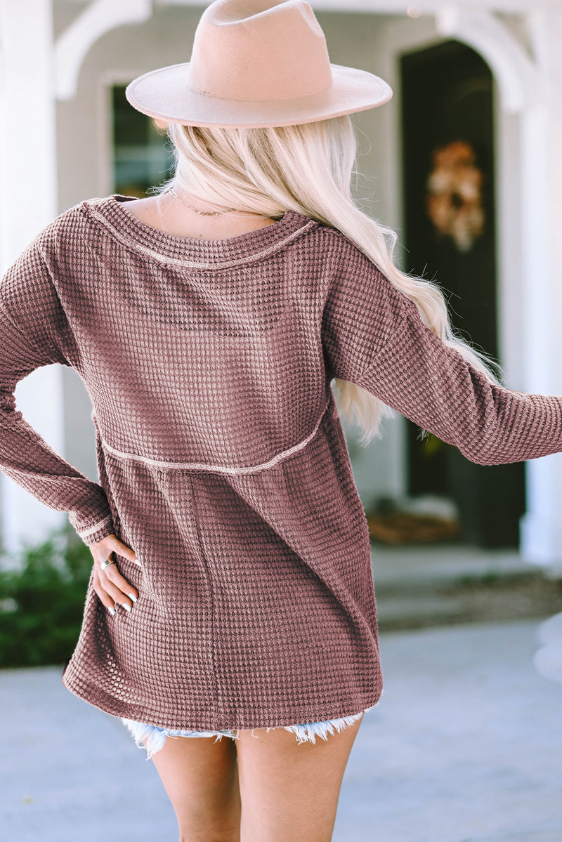 Liana Waffle Knit V Neck Long Sleeve Babydoll Top – ShopCottonBelles