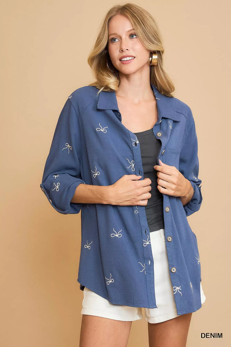 Umgee Linen Blend Fitted Shirt with Ribbon Embroidery Details