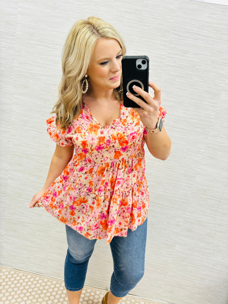 CORALLY PINK FLORAL TIERED TOP