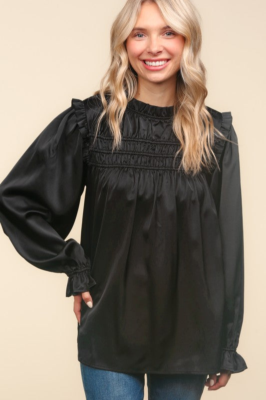 Black Frilled Satin Blouse