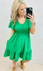 Green Vneck Fit & Flare Dress