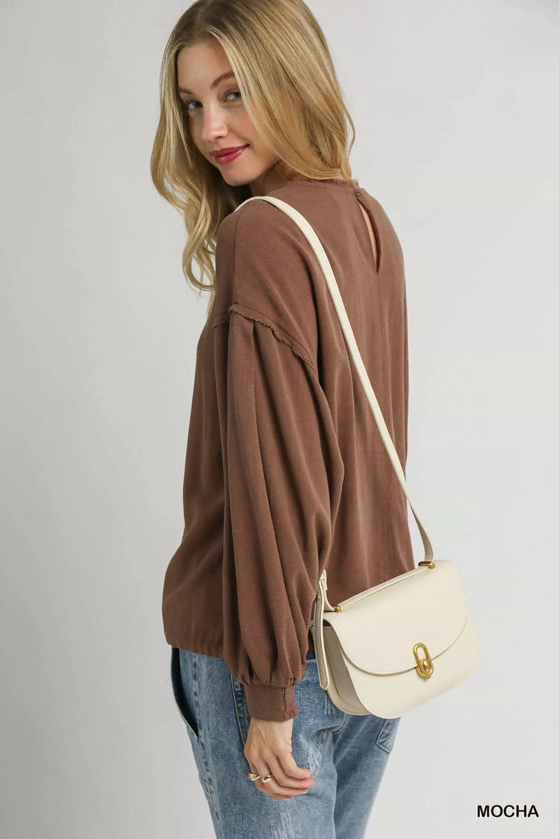 Umgee Linen Long Sleeve Top with Drawstring