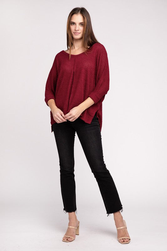 3/4 Sleeve V-Neck Hi-Low Hem Jacquard Sweater