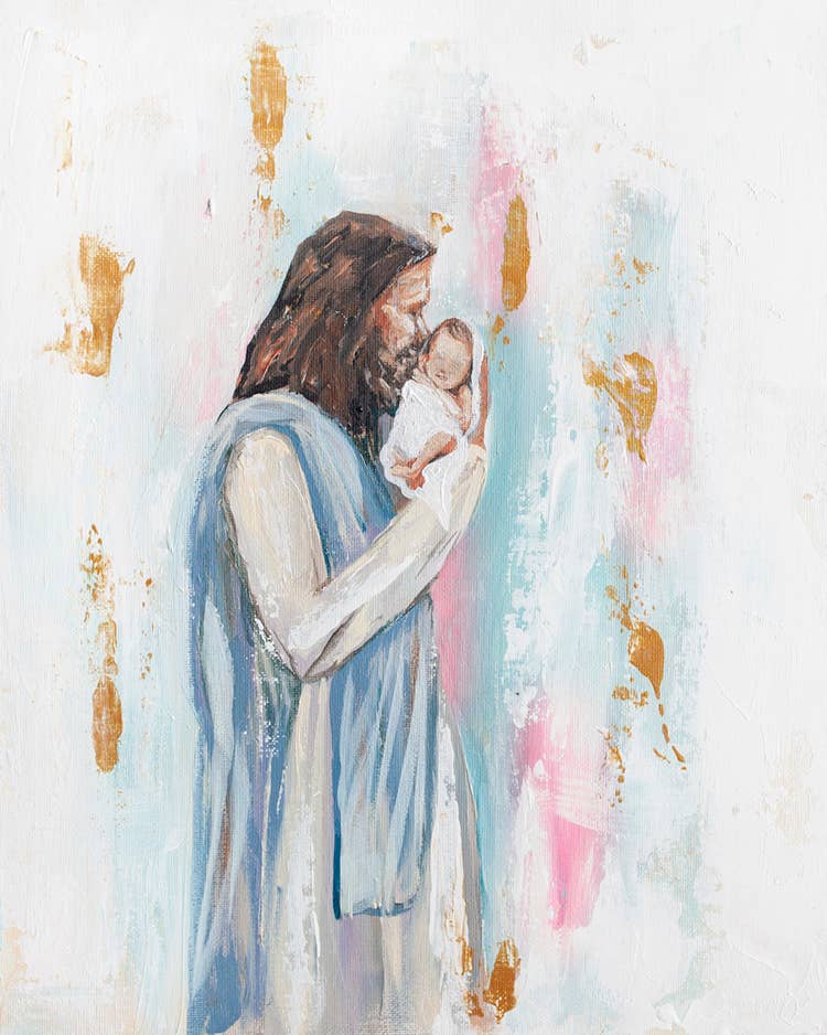 Jesus and Baby 'I Knew You' in Acrylic Gold Frame 4x6: Pink/Blue Mixed