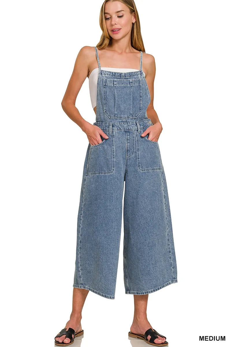 Zenana Denim Medium Washed Wide Leg Overalls