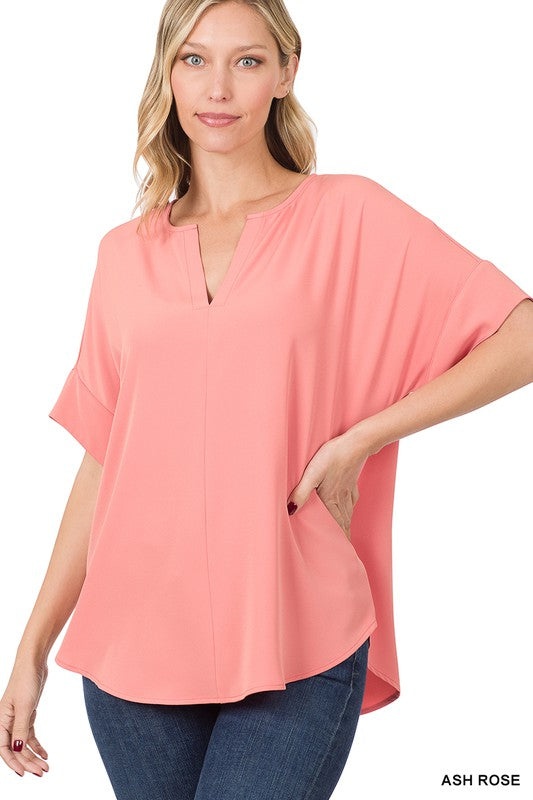 Heavy Woven Span Split Neck Short Sleeve Top