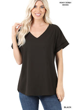 Woven Heavy Dobby Rolled Sleeve V-Neck Top