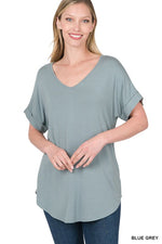 Luxe Rayon Short Cuff Sleeve V-Neck Round Hem Top.