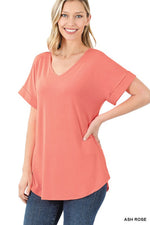 Luxe Rayon Short Cuff Sleeve V-Neck Round Hem Top.