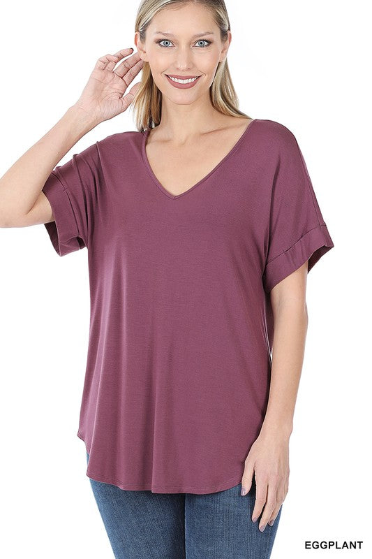 Luxe Rayon Short Cuff Sleeve V-Neck Round Hem Top.