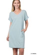 Rolled Short Sleeve V-Neck Dress