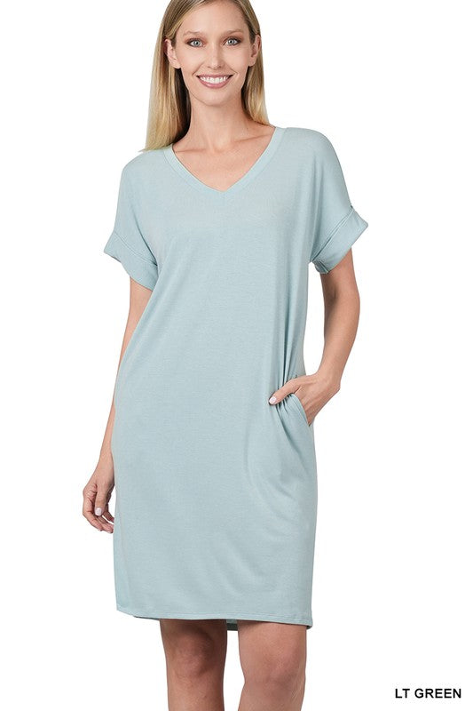 Rolled Short Sleeve V-Neck Dress