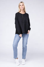 Double Gauze Oversized 3/4 Button Henley Neck Top