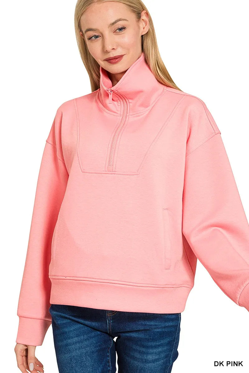 Zenana Scuba Half Zip Sweatshirt with Pockets