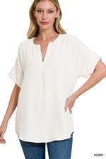 Woven Airflow Split Neck Short Sleeve Top