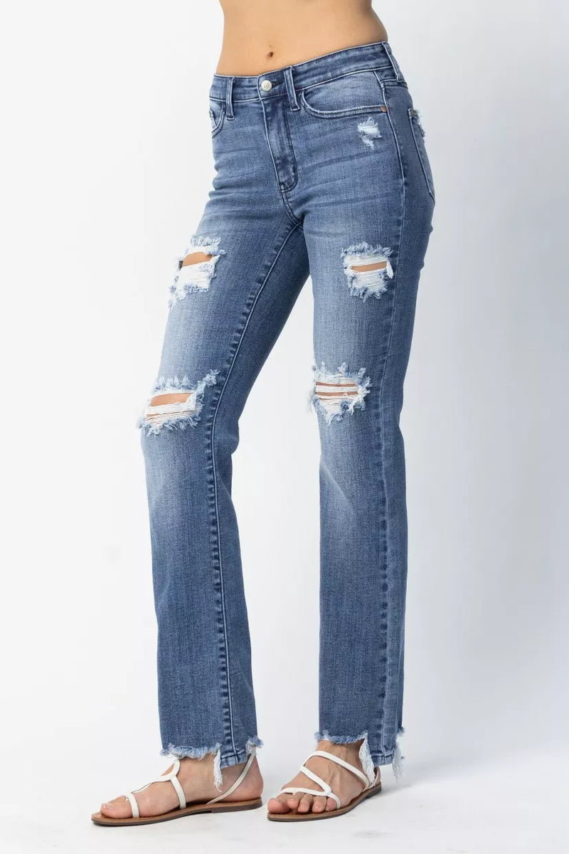 Judy Blue Full Size Mid Rise Destroyed Straight Jeans Plus Size