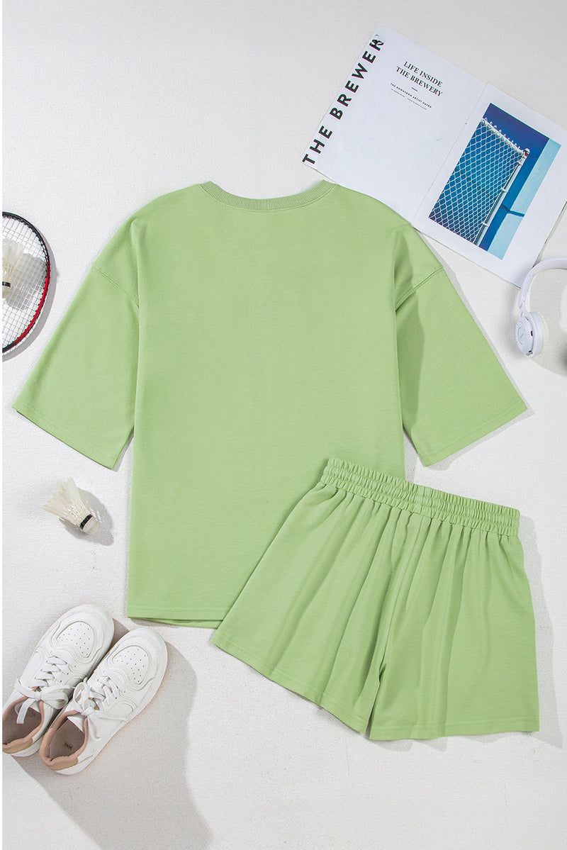 Meadow Mist Green Plus Size V Neck Drop Shoulder Tee Loose Shorts Set
