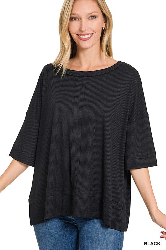 Ribbed Boat Neck Dolman Sleeve Top w/ Front Seam