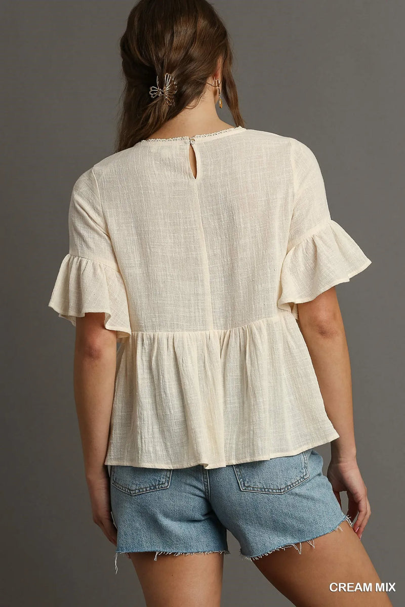 Umgee Floral Lace Trimmed Detail Half Sleeve Babydoll Top