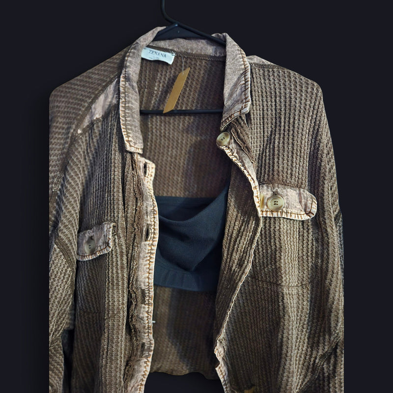 Zenana Waffle Knit Button-Up Top – Taupe Brown