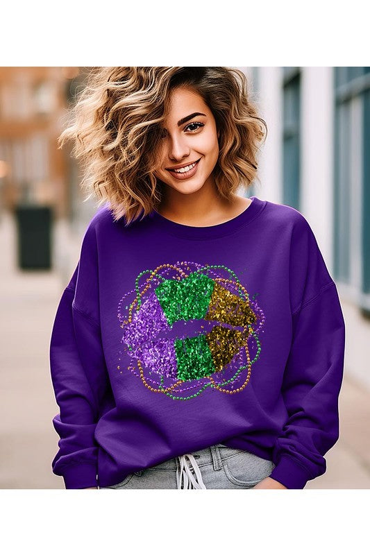 FAUX GLITTER MARDI GRAS LIPS SWEATSHIRT