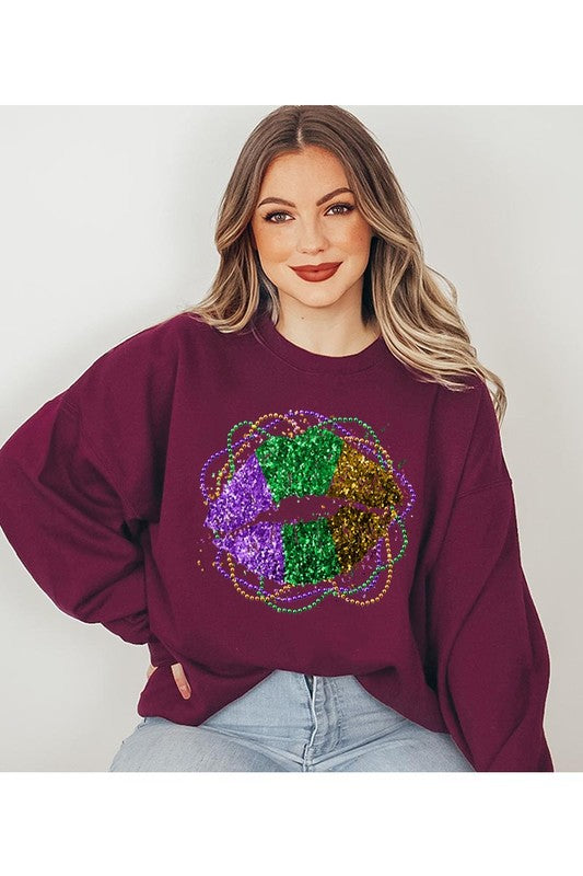 FAUX GLITTER MARDI GRAS LIPS SWEATSHIRT