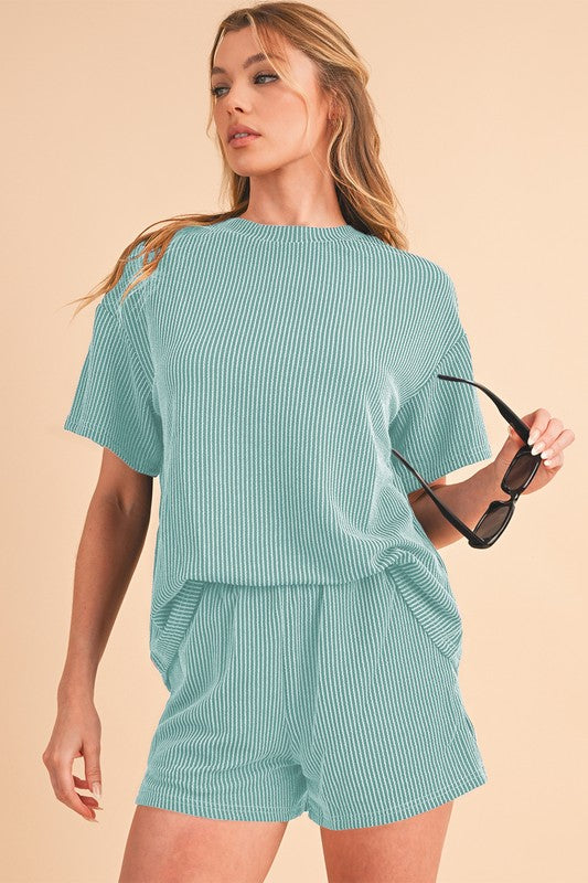 Ribbed Textured Knit Loose Fit Tee and Shorts Set