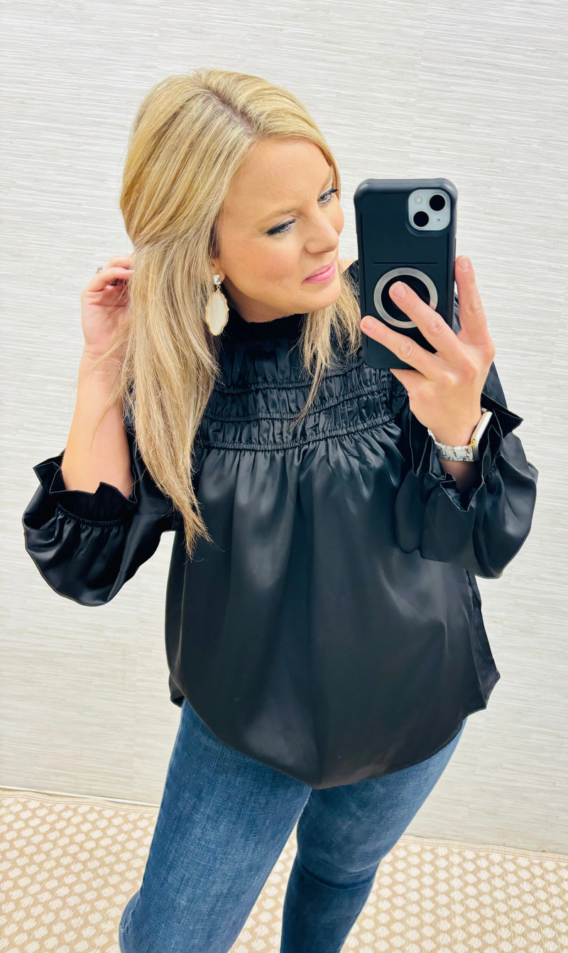 Black Frilled Satin Blouse