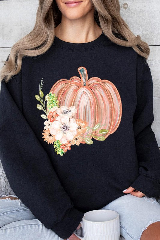 Flowers Fall Pumpkin Graphic Fleece Sweatshirts