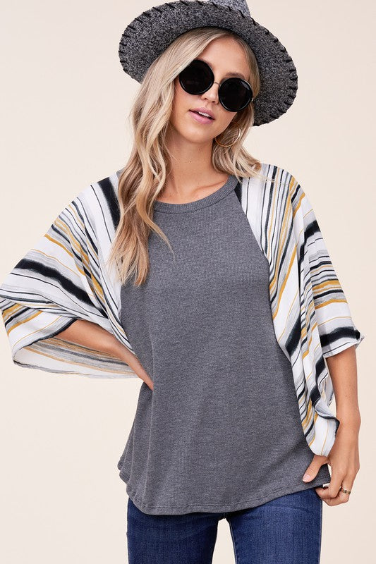 WAFFLE STRIPE MIX KIMONO TOP