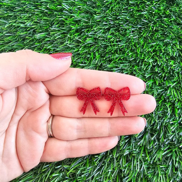 Bow Studs - Red Glitter