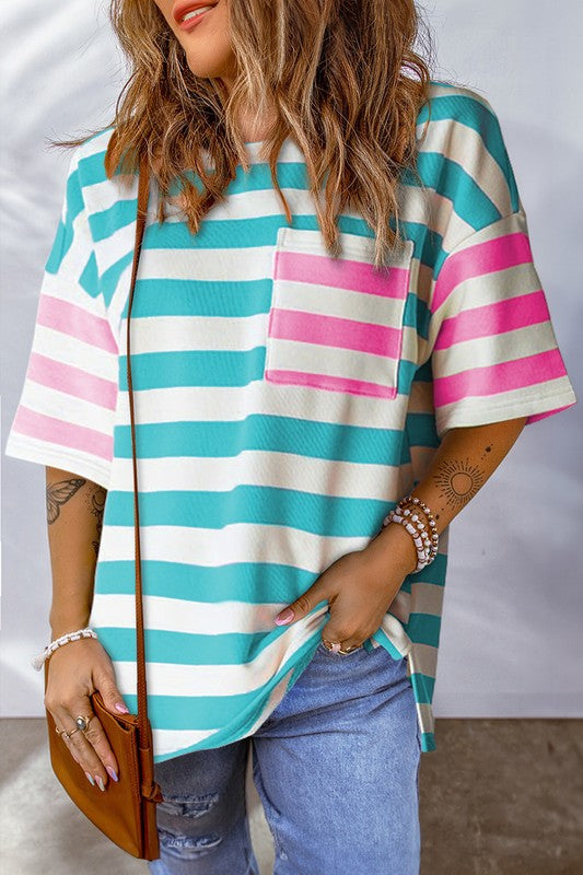 Women Stripe Contrast Patch Drop Sleeve T Shirt