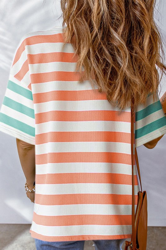 Women Stripe Contrast Patch Drop Sleeve T Shirt