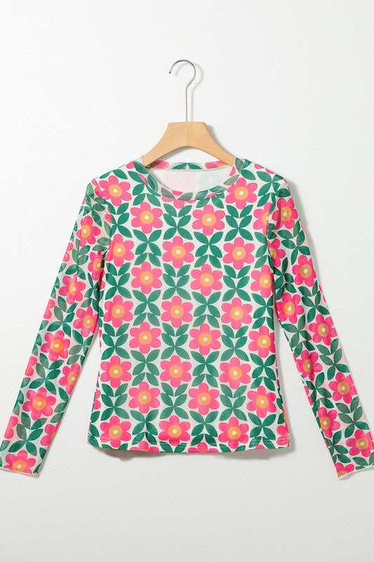 Women Retro Floral Print Stretchy Long Sleeve Top