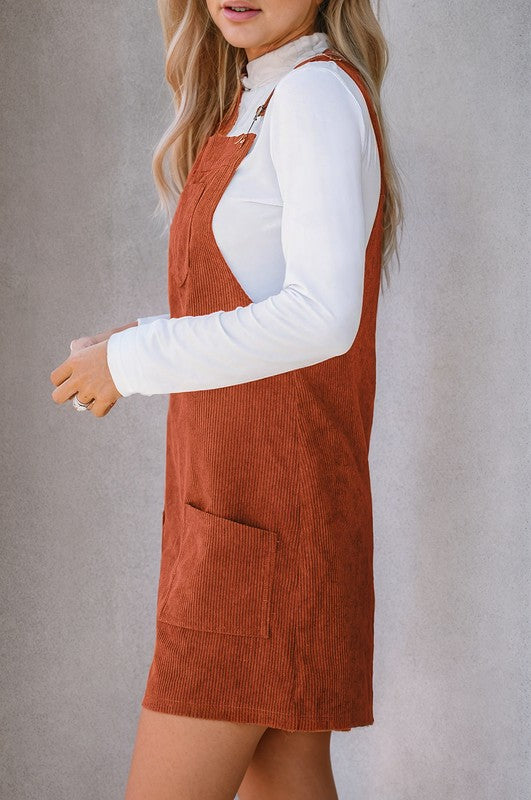 Corduroy Front Pockets Overall Dress