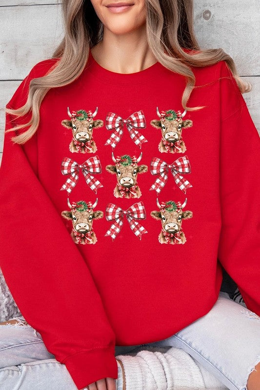 Christmas Highland Cow Graphic Fleece Sweatshirts