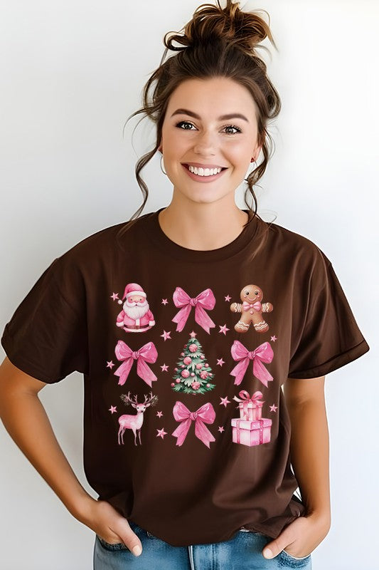 Christmas Pink Bow Holiday Stack Graphic Tee