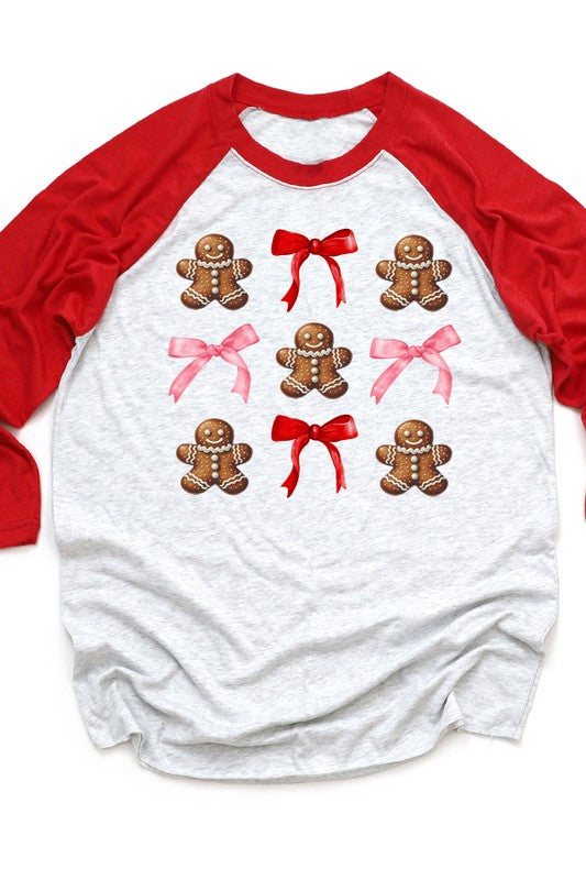 Christmas Gingerbread Pink Red Bow Raglan