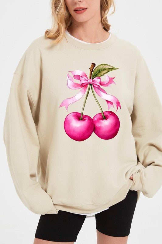 Cherry with Coquette Bow Graphic Fleece Sweatshirt