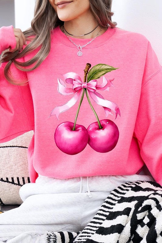 Cherry with Coquette Bow Graphic Fleece Sweatshirt