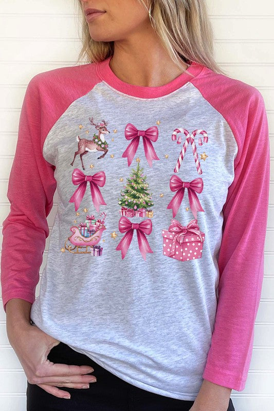 Christmas Deer Pink Bow Candy Cane Raglan