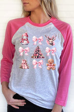 Christmas Pink Snowman Bow Holiday Raglan