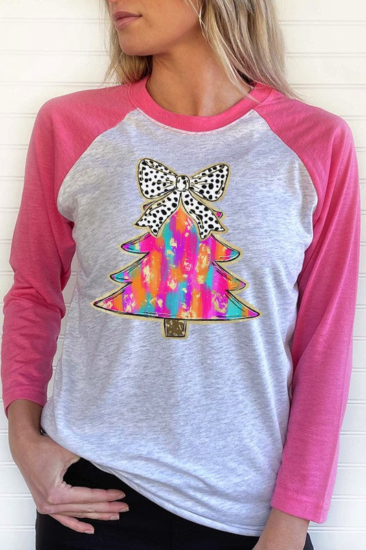 Christmas Colorful Tree Holiday Bow Raglan