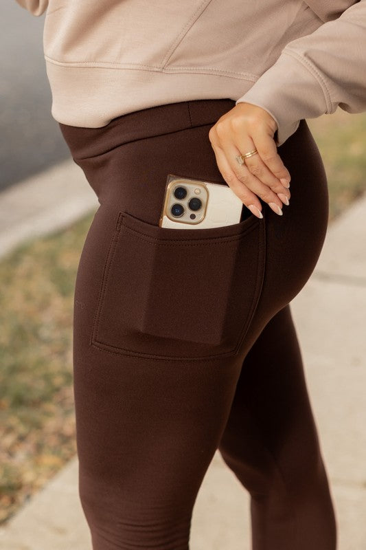 Brown FLEECE Full Length Leggings with Pockets