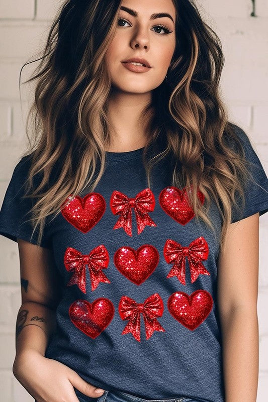 Faux Glitter Valentine Hearts & Bows Graphic Tee