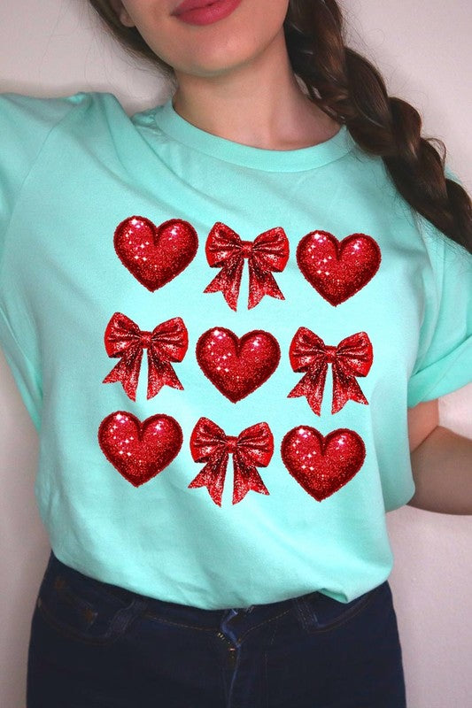 Faux Glitter Valentine Hearts & Bows Graphic Tee