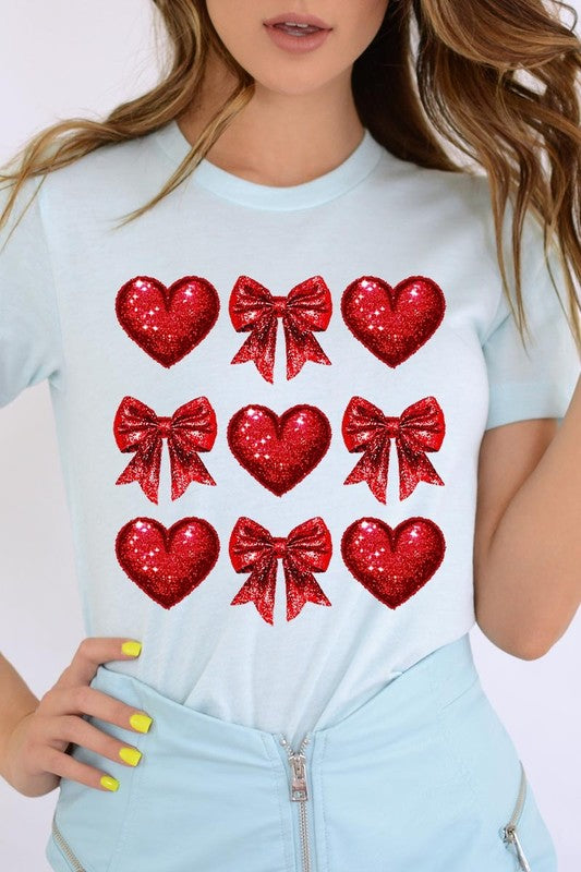 Faux Glitter Valentine Hearts & Bows Graphic Tee