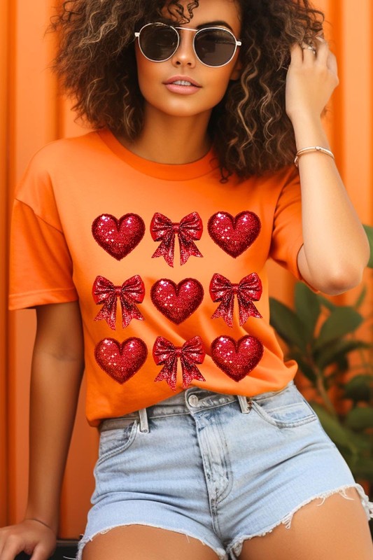 Faux Glitter Valentine Hearts & Bows Graphic Tee