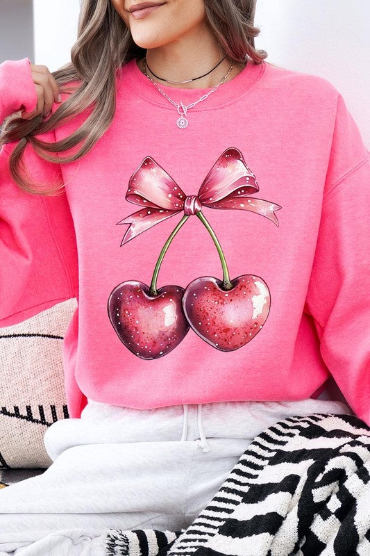 Heart Cherries With Bow Graphic Fleece Sweatshirt