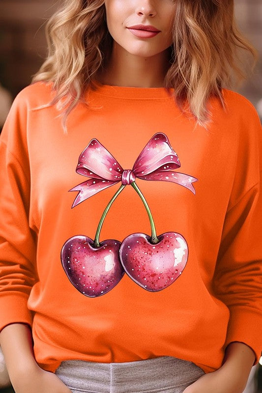 Heart Cherries With Bow Graphic Fleece Sweatshirt